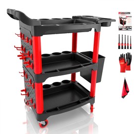 DESEQPT Auto Detailing Cart with Wheels, 3 Tier Rolling Detail Cart with Long Hanging Plate & Hooks & Hanging Bucket & Cat Ear Basket, for Detailers Garage, Workshop, Repair Shop, Storage Tool