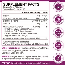 Multi Collagen Peptides Softgel for Women & Men - Type I, II, III, V, X - Hydrolyzed Collagen Peptides with Biotin, Vitamin C & Hyaluronic Acid - Support Skin, Hair, Nail & Joint - Non-GMO, 60 Softgel