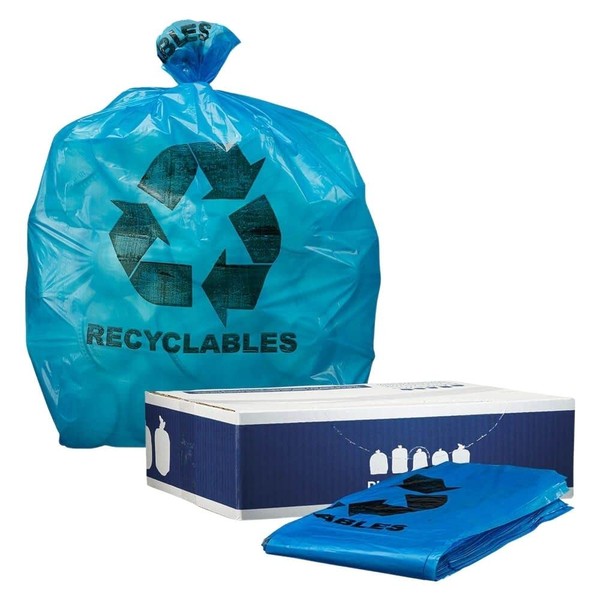 Plasticplace 12-16 Gallon Recycling Bags │ 1.2 Mil │ Blue Garbage Can Liners with Logo │ 24" x 31" (250 Count)