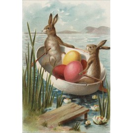 ART.COM Stretched Canvas Print Easter - Bunnies in a Boat with Colored Eggs by Lantern Press, 24" x 36"
