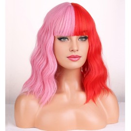 BERON 14 Inches Half Pink Half Red Wig with Bangs Short Curly Wig Pink Red Split Curly Wigs for Women Daily Party or Cosplay Hairnet Include