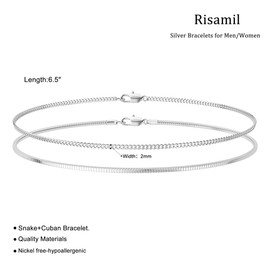Risamil Silver Bracelets for Men Women 2mm Snake Cuban Mens Bracelet 6.5 Inch Bracelets Set Silver Mens Jewelry Gifts for Men