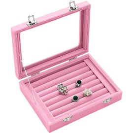 Basuwell Earring Storage 7 Slots Velvet Jewelry Tray for Drawers Glass Clear Lid Showcase Display Ring Organizer Earring Ring Trays Holder Cufflink Showcase (Pink)