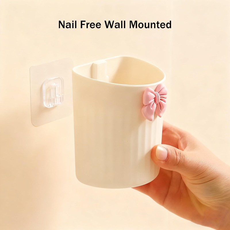 Wall-Mounted Plastic Small Makeup Brush Holder with Bow, Self-adhesive Multifunctional
