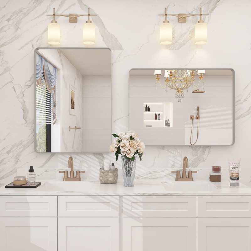 CHARMOR 24x32 Inch Brushed Nickel Bathroom Mirror, Rounded Rectangle Silver