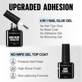 TOMICCA Nail Tips and Glue Gel Kit, Nail Extension Kit 4 In 1 Nail Glue & Top Coat, Extra Short Square Soft Nails Tip and UV LED Nail Lamp, Acrylic Nail Kit for DIY Manicure
