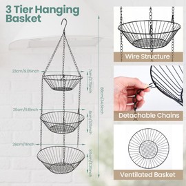 Maxdot 2 Pack 3-tier Hanging Fruit Basket with Sturdy Metal Chain Hanging Wall Fruit Basket for Kitchen Heavy Duty Wire Storage for Potatoes, Onions, Oranges, Bananas, Limes, Lemons