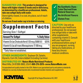 Nature Made Vitamina D3 + K2 30 Cápsulas Blandas Sin sabor para Adultos ayuda al fortalecimiento de huesos, dientes, músculos y apoyo a la salud inmune, suministro para 30 días.