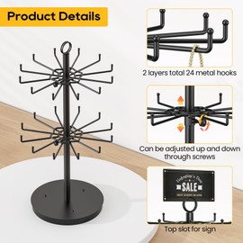 ORLESS 2 Tier Rotating Jewelry Display Stand, Keychain Display Stand with 24 Hooks, Black Metal Retail Display Spinning Holder for Vendor, Spinning Display Rack for Necklace Bracelet Earring Organizer
