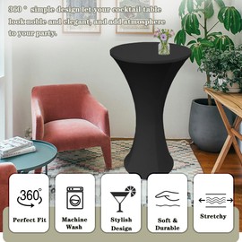 Cocktail Spandex Round Tablecloth, 2 Pack 24"x43" Highboy Fitted Stretch Cocktail Table Covers High Top Table Cloth for Banquet Wedding Bar Party - Black