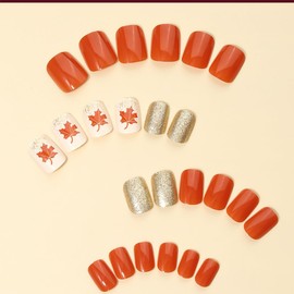 Fall Nails Gold French Press on Nails Short Square Fake Nails with Red Maple Leaf Full Cover Artificial Glue on Nails Design Glitter Artificial Nails Thanksgiving Stick on Nails for Women DIY 24Pcs