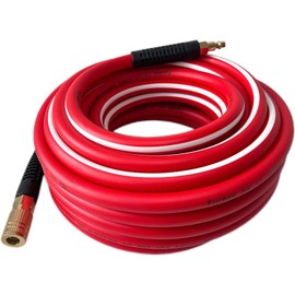 Air Hose 3/8 in x 25 ft, Heavy Duty, Lightweight, Kink Resistant, Hybrid Air Compressor Hose with 1/4 in Solid Brass Male Fittings, Bend Restrictors, 300 PSI(25FT, Red White)
