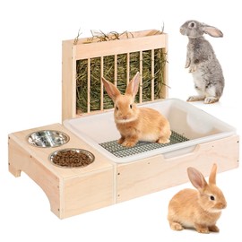 3 in 1 Extra Large Rabbit Hay Feeder with Litter Box, Wooden Bunny Toilet, for Guinea Pig, Chinchillas, Hamster, Dwarf Rabbit, Ferret, Other Small Animals