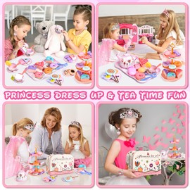 Tea Party Set for Little Girls: 63Pcs Pretend Play Toys, Princess Dress Up Tea Time, Tin Tea Sets for Toddlers 3-5 6 with Dessert, Carrying Case, Kids Kitchen Playset, Birthday Gift for Toddler Girls