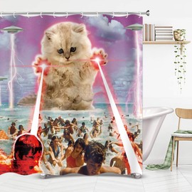 MERCHR Funny Alien Kitten cat Shower Curtain, UFO on The Beach catching Human Shower Curtains, Waterproof Polyester Fabric Bathroom Decor Bath Curtain with 12 Hooks 72x72in