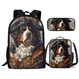 17 Inch Animal Print School Backpack And Lunch Box Set for Kids Funny Pirate Bernese Mountain Dog Backpack for Boys Girl Sturdy School Bag with Insulated Lunchbox Pencil Case Student Bookbag
