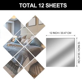 12" x 12" Acrylic Flexible Mirror Sheets, 12 Pack Self-Adhesive Mirror Tiles, Square Cuttable Wall Stickers, Non-Glass, Safety Reflective for DIY Craft Home Wall Decor