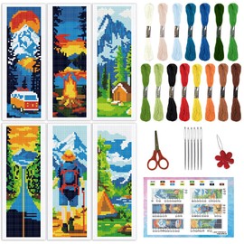 INFUNLY 6pcs Camping Theme DIY Cross Stitch Bookmark Kits for Beginner Mountain View Stamped Embroidery Kits with Instruction Tourist Scenery Printed Bookmark Kit for Traveller Book Readers Writers