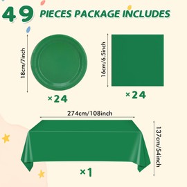 Juhap 49Pcs Green Birthday Party Decorations Green Party Supplies Set Include 24 Plates 24 Napkins and 1 Tablecloth, Disposable Green Tableware for Birthday Wedding Graduation Baby Showers Party