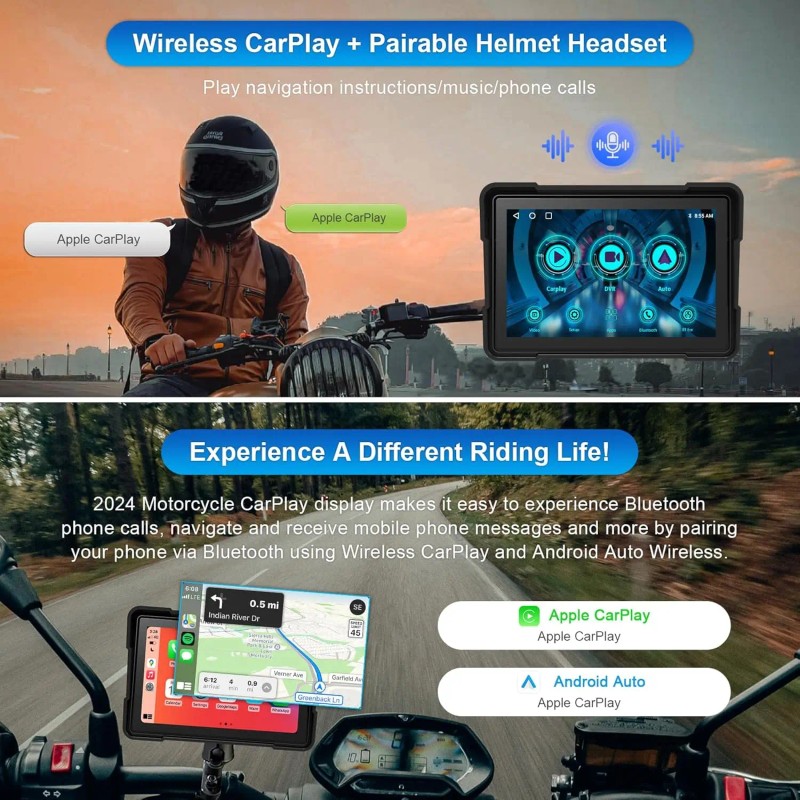 5 Inch Waterproof GPS Navigation Car Stereo Motorcycle Carplay Android