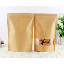 100 Pcs Kraft Paper Bags with Window, 4.7" x 7.9" Stand Up Pouches Bags, Zip Lock Food Storage Bags for Packaging Products, Reusable, Sealable