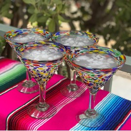 Mexican Hand Blown Glass – Set of 4 Hand Blown Modern Margarita Glasses - Confetti Rock (12 oz)
