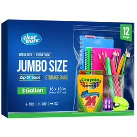 12 Large Storage Bags With Zipper Top - 3 Gallon Size, 16" x 18", Extra Large Plastic for Clothes, Travel, Moving, Large Reusable freezer bags, BPA-Free, 2-mil Thick