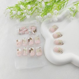 Short Square Press on Nails White French Tip Nails Press ons with Cute Butterfly Designs Glue on Nails Pink Full Cover False Nails Matte Acrylic Nails Artificial Fake Nails for Girls 24Pcs