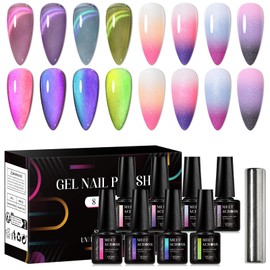 MEET ACROSS 8pcs Gel Nail Polish Set, Soak off UV LED Lamp Gel Nail Polish Cat Eye Gel Set Glitter Gel Polish Home Gel Manicure Kit 7ml (Cat Eye + Glitter Warm Up Gel)