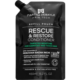MARTHA DEBAYLE Acondicionador REFILL POUCH RESCUE  RESTORE. Brillo hidratado para cabello áspero y maltratado. Con ceramidas y Sacha Inchi Peruano.