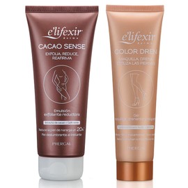Elifexir Pack of 2 Cacao Sense + Colour Dren Reducing Creams Body Scrub, Firming and Firming + Leg Make-Up Helps Tan Your Skin 200 ml 150 ml