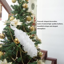 BestAlice 2 Pcs White Peacock Christmas Ornaments, 17.5 Inch Long Tail Feather Peacock Clip Ornament, Glittered Phoenix Christmas Ornament, Faux Simulation Feather Peacock for Christmas Tree Decor