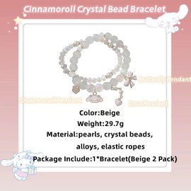 GAUEIOUR Cinnamoroll Crystal Bead Bracelet,Lovely Beige Cartoon Crystal Beads Elastic Bracelet Girls and Women, Small Fresh Simple and Lovely Cartoon Jade Dog Jewelry (Beige 2 Pack)