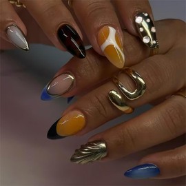RTKHFZE Short Almond Press on Nails Multi Color Design,Extra Short Almond Shape Fake Acrylic Nail Press Ons,Fall/Winter Full Cover Nails for Women/Prom/Party/Holiday(Blue Orange Gold)