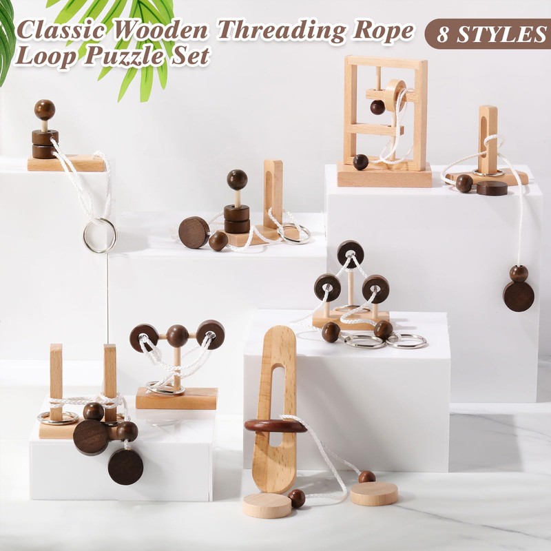 Yilloog 8 Pcs Brain Teaser 3D Wooden Rope Puzzles Set