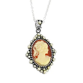 Sterling Silver Resin Cameo and Pearlized Beads Frame Pendant Necklace, 16-18" Salmon