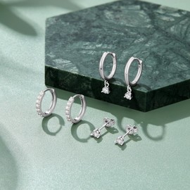 3 Pairs Gold Hoop Earrings Set for Women 14K Gold Plated Sterling Silver Post | Hoop, Stud Sets for Multiple Piercings | Huggie, Cartilage, Dainty Stacking Earrings