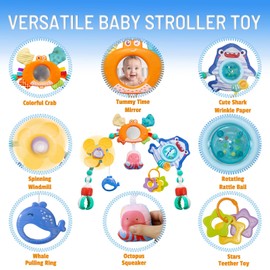 UTOPLIKEY Adjustable Baby Stroller Arch Toy, Car Seat Toys for Infants 6-12 Months Bassinet Hanging Toy Bar Attachment with Mirror & Sound, Crib Comfort Gift for Birthday, Baby Shower