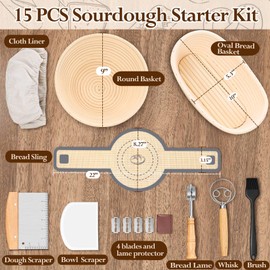 P&P CHEF Sourdough Bread Baking Supplies, 9” Round & 10” Oval Sourdough Proofing Baskets Starter Kit, Bread Making Tool Set with Cloth Liner Bread Lame Scraper Brush Dough Whisk