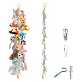 Stuffed Animals Storage Chain, Hanging Stuffed Animal Organizer with 20 Metal Clips and Hooks, Boho Animal Storage Hammock Corner for Hanging Hats Socks Toys