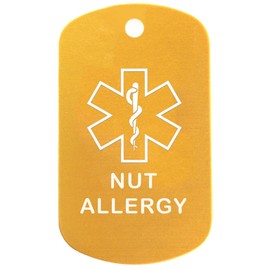 Custom 2 Pack - Nut Allergy Medical Alert ID Necklaces with Gold Custom Tags, Red/White/Blue Silencers, and 30'' USA Chains