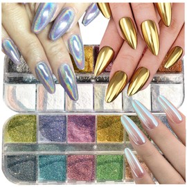 UARUOGP 2 Boxes Chrome Nail Powder Set 24 Colors Holographic Nails Powders Laser Shining Glitter Metallic Mirror Effect Holographic Aurora Chameleon Pigment 1g/Grids for Nail Art Glitters