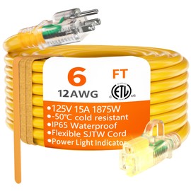 HUANCHAIN 12/3 Gauge Heavy Duty Outdoor Extension Cord 6 ft Waterproof with Lighted end, Flexible Cold-Resistant 3 Prong Electric Cord Outside, 15Amp 1875W 12AWG SJTW, Yellow, ETL