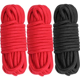 Cosymate Soft Cotton Rope Tying Rope All-Purpose Thick Cotton Twisted Knot Tie Rope, 8 mm Diameter, 10 m Long, Pack of 3, 2 Red 1 Black