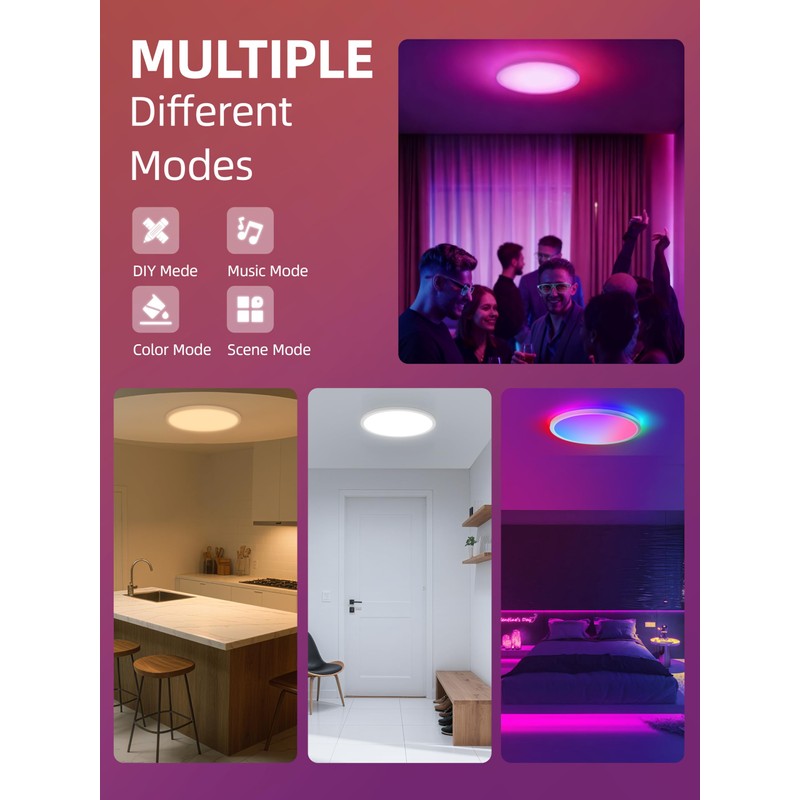 2 Pack 12 Inch Smart Ceiling Light Fixture, RGB LED