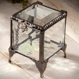 Clear Beveled Glass Jewelry Box Decorative Keepsake with Hinged Lid - J Devlin Box 153