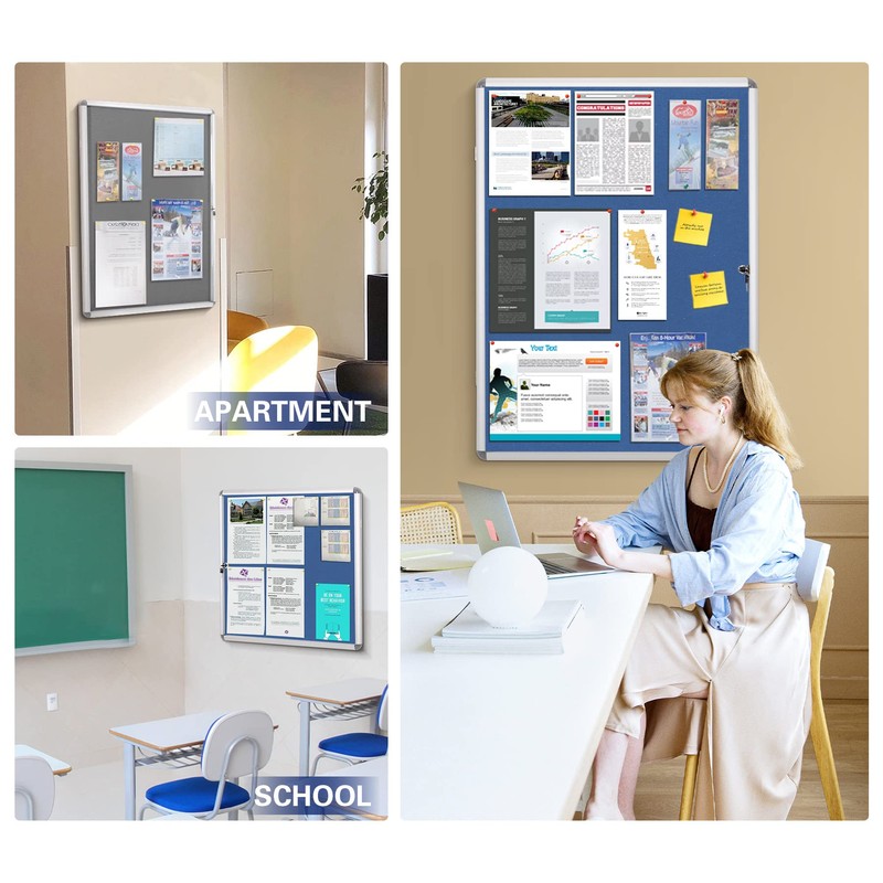 SWANCROWN Enclosed Bulletin Board Lockable Noticeboard Case with Aluminium Frame,Grey
