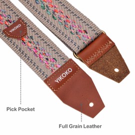 YIKOKO Guitar Strap with Pick Pocket，2 inch Cotton Guitar Straps with Full Grain Leather End, for Bass Electric and Acoustic Guitars, Free Strap Button, 2 Strap Locks and 4 Guitar Picks