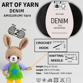 Art of Yarn Denim 55% Cotton,45% Poliacrylic, 2 Skeins Total 100gr (3,52 oz),320m (3,48 yds),Soft & Smooth Yarn Sport – Fine(2) for Crocheting, Knitting, Amigurumi, Baby Blankets, Baby Garments 99928