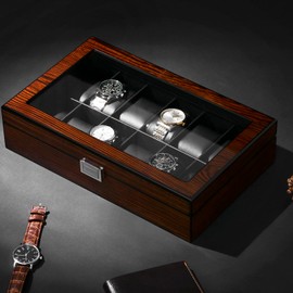 BEWISHOME Watch Case, 12-Slot Watch Box with Large Glass Lid, Wooden Watch Box Organizer for Men, Watch Storage with Removable Watch Pillows, Synthetic Leather Interior, Brown SSH12Y